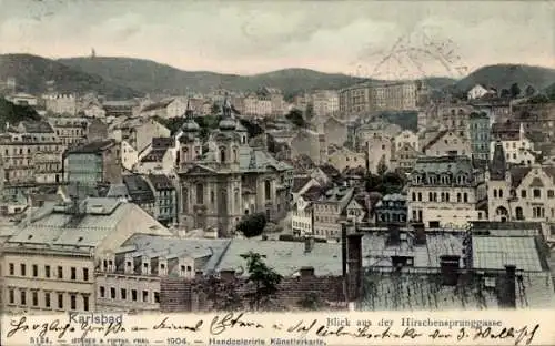 Ak Karlsbad in Baden, Blick auf  Hirschensprunggasse, farbige Ansicht, Häuserreihe