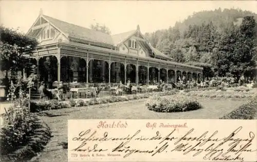 Ak Karlsbad in Baden, Café Fraiserpark, schönes Gebäude, Terrasse, Menschen, Garten
