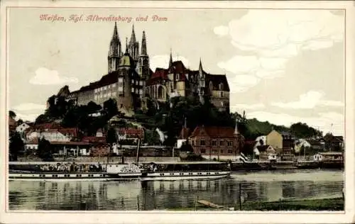 Ak Meißen an der Elbe, Burg Albrechtsburg und Dom, Stadtansicht, Fluss mit Boot