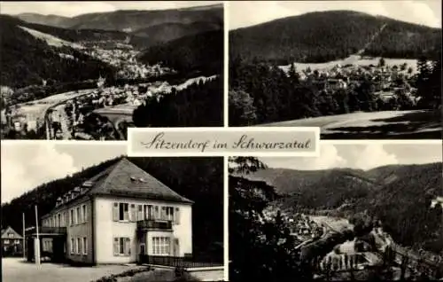 Ak Sitzendorf in Thüringen, Verschiedene Landschaftsansichten, Gebirgen, Holzbau, Hotel, Schwarza