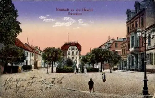 Ak Neustadt an der Haardt Neustadt an der Weinstraße , Neptunplatz, malerische Gebäude, Bäume, Me