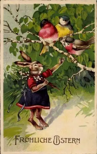 Litho Glückwunsch Ostern, Osterhase, Vögel