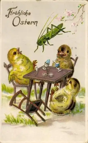 Ak Glückwunsch Ostern, Küken am Tisch, Grashüpfer