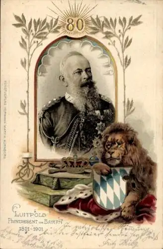 Präge Litho Luitpold Prinzregent von Bayern, Portrait, Löwe, Wappen