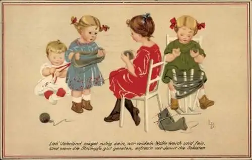 Künstler Ak Döring, L., Lieb Vaterland magst ruhig sein, Kinder rollen Wolle auf