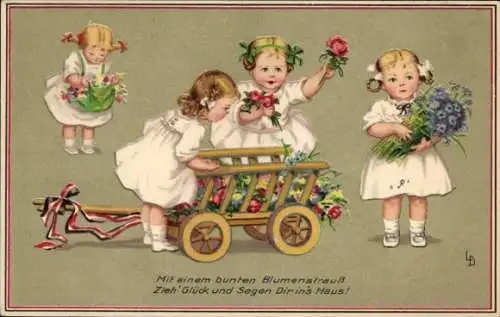 Ak Herzlichen Glückwunsch zum Geburtstage, Mädchen mit Blumen, Wagen