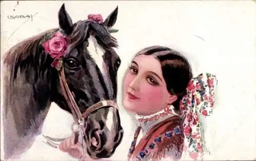 Künstler Ak Usabal, Luis, Frau in Tracht, Pferd, Blumenschmuck am Zaumzeug