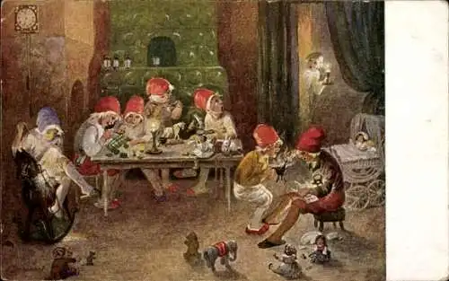 Künstler Ak Schenkel, Franziska, Heinzelmännchen, Puppenwagen, Spielzeug, Schaukelpferd