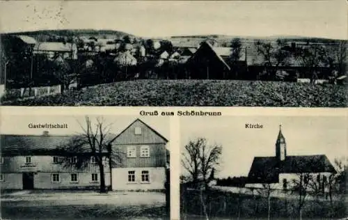 Ak Wien 13 Hietzing Österreich, Schönbrunn , Drei Bilder: Gastwirtschaft, Kirche, Landschaft