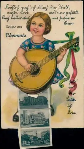 Leporello Ak Chemnitz in Sachsen, Siegessäule, Markt, Mädchen mit Gitarre