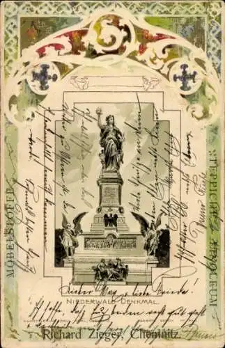 Litho Rüdesheim am Rhein, Niederwald Nationaldenkmal, Chemnitz, Möbelstoffe Richard Zieger