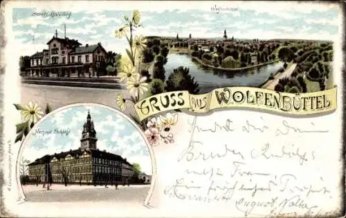 Ak Wolfenbüttel in Niedersachsen, Drei Ansichten von  Flusslandschaft,  Gebäude, Blumen