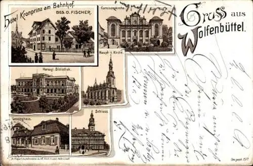 Vorläufer Litho Wolfenbüttel, Hotel Kronprinz, Bibliothek, Hauptkirche, Garnisonskirche, Schloss