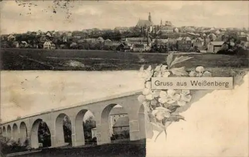 Ak Weißenberg in der Oberlausitz, Eisenbahnviadukt, Gesamtansicht der Ortschaft