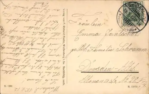 Ak Weißenberg in der Oberlausitz, Eisenbahnviadukt, Gesamtansicht der Ortschaft