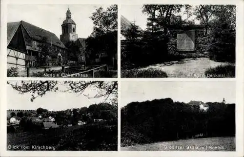 Ak Gröditz Weißenberg in Sachsen, Nedo's Einkehrhaus, Kriegerdenkmal, Skala, Schloss