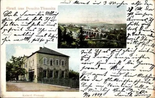 Ak Demitz Thumitz im Landkreis Bautzen, Kaiserliches Postamt, Panorama von der Ortschaft