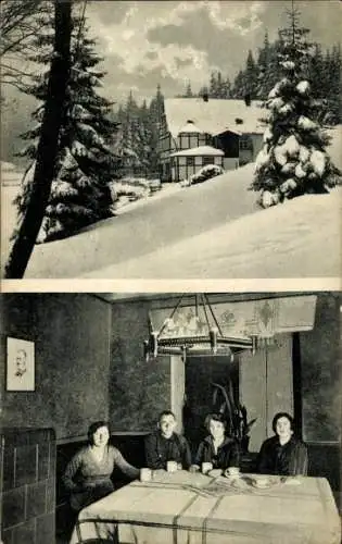 Ak Neudorf Sehmatal im Erzgebirge, Chemnitzer Wanderheim, Gäste, Winter