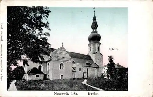 Ak Neschwitz in Sachsen, Kirche, Schule, Verlag A. Bar, koloniale Reiseandenken