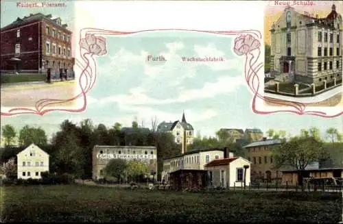 Ak Fürth in Mittelfranken Bayern, Kaiserl. Postamt, Neue Schule, Wachstuchfabrik, Gebäudeansichte
