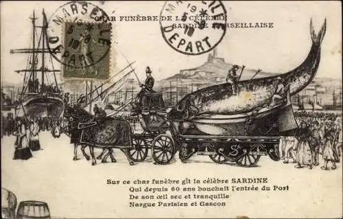 Künstler Ak Marseille Bouches du Rhône, Char funebre de la celebre Sardine Marseillaise