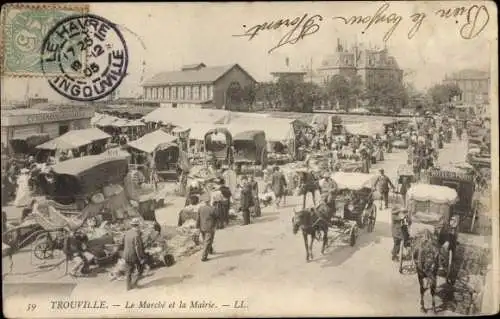 Ak Trouville Calvados, le Marché et la Mairie, Marktszene, Fuhrwerke, Stände