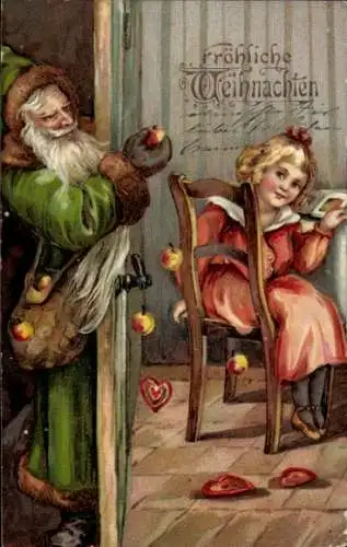 Litho Frohe Weihnachten, Weihnachtsmann, Mädchen