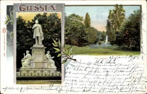 Ak Giessen Gießen an der Lahn Hessen, Liebig-Denkmal, Ost Anlage, Statue, Parklandschaft, Vege...