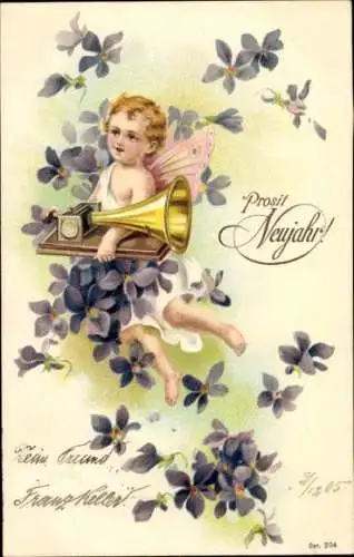 Präge Ak Glückwunsch Neujahr, Engel, Grammophon, Veilchen