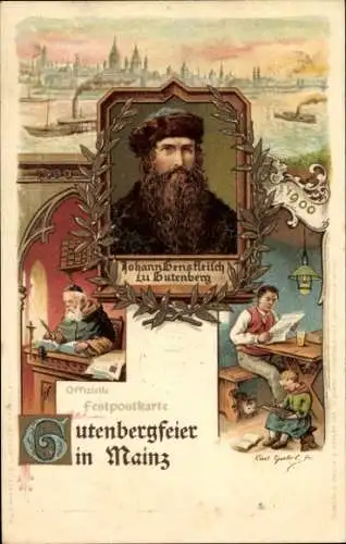 Künstler Litho Mainz am Rhein, Gutenbergfeier 1900, Johann Gensfleisch zu Gutenberg