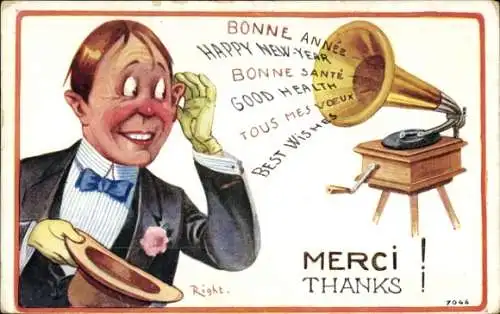 Künstler Ak Right, Neujahr, Mann im Frack, Grammophon