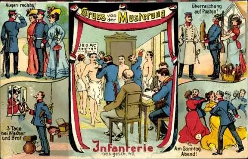 Ak Gruß von der Musterung, Infanterie, Sonntagabend, Wasser und Brot, Posten