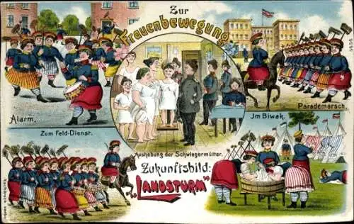 Litho Frauenbewegung, Alarm, Zum Feld-Dienst, Zukunftsbild Landsturm