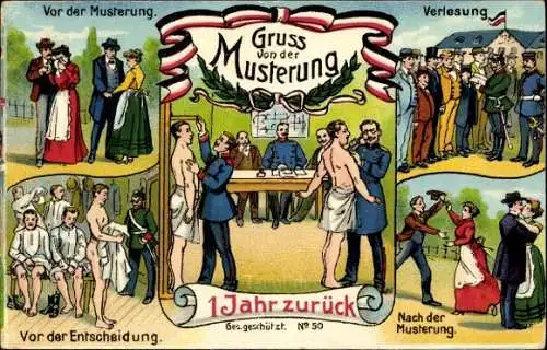 Litho Gruß von der Musterung, Landsturm, Entscheidung, Verlesung