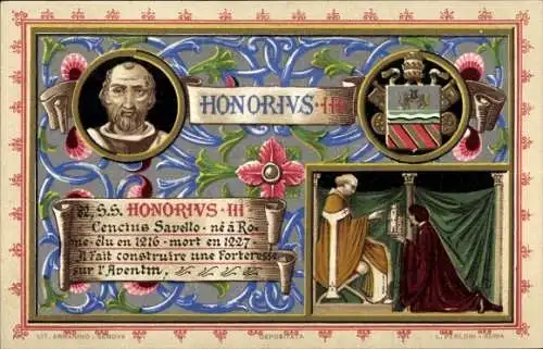Litho Papst Honorius III., Portrait, Wappen