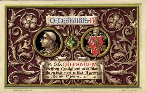 Litho Papst Coelestin IV, Portrait, Wappen