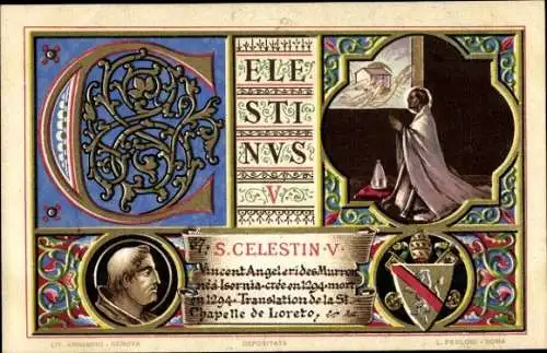Litho Papst Coelestin V., Portrait, Wappen