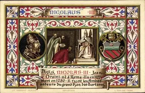 Litho Papst Nikolaus III, Portrait, Wappen