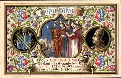 Litho Papst Bonifatius VIII., Portrait, Wappen
