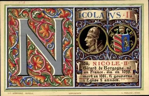 Litho Papst Nikolaus II., Portrait, Wappen