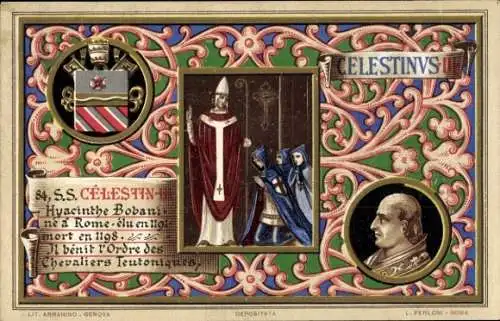 Litho Papst Coelestin III., Portrait, Wappen
