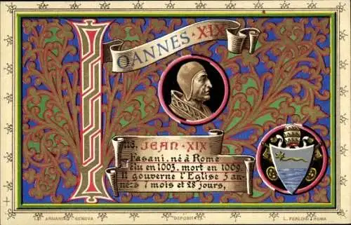 Litho Papst Johannes XIX., Portrait, Wappen