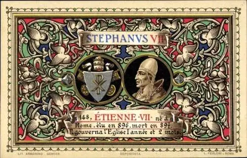Litho Papst Stephan VII, Portrait, Wappen