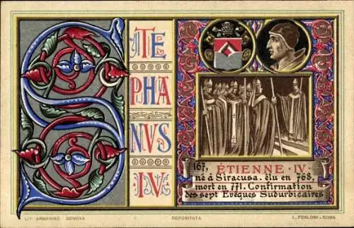 Litho Papst Stephan IV, Portrait, Wappen