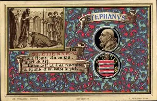Litho Papst Stephan V, Portrait, Wappen