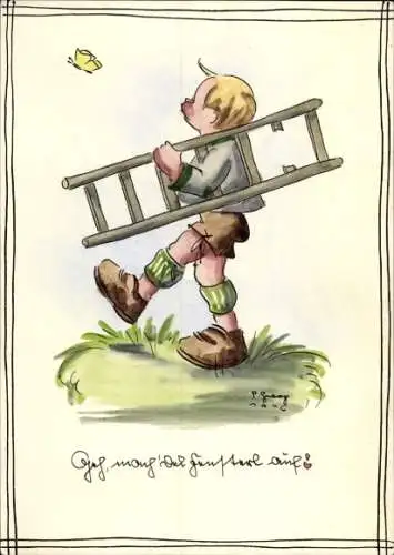 Handgemalt Künstler Ak Junge mit Leiter, Schmetterling