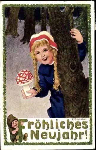 Künstler Ak Schenkel, Franziska, Glückwunsch Neujahr, Mädchen, Fliegenpilz