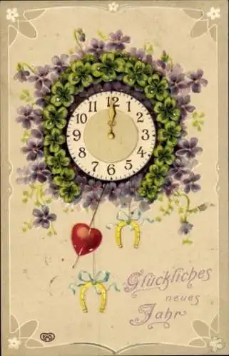 Präge Litho Glückwunsch Neujahr, Uhr, Hufeisen, Kleeblätter, Herz, EAS