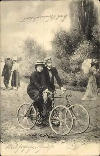Ak Mann und Frau mit Fahrrad, Ch. Scalik