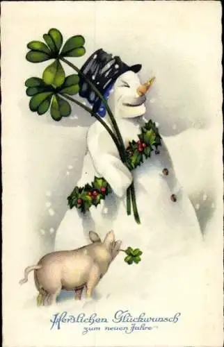 Ak Glückwunsch Neujahr, Kleeblatt, Schwein, Schneemann